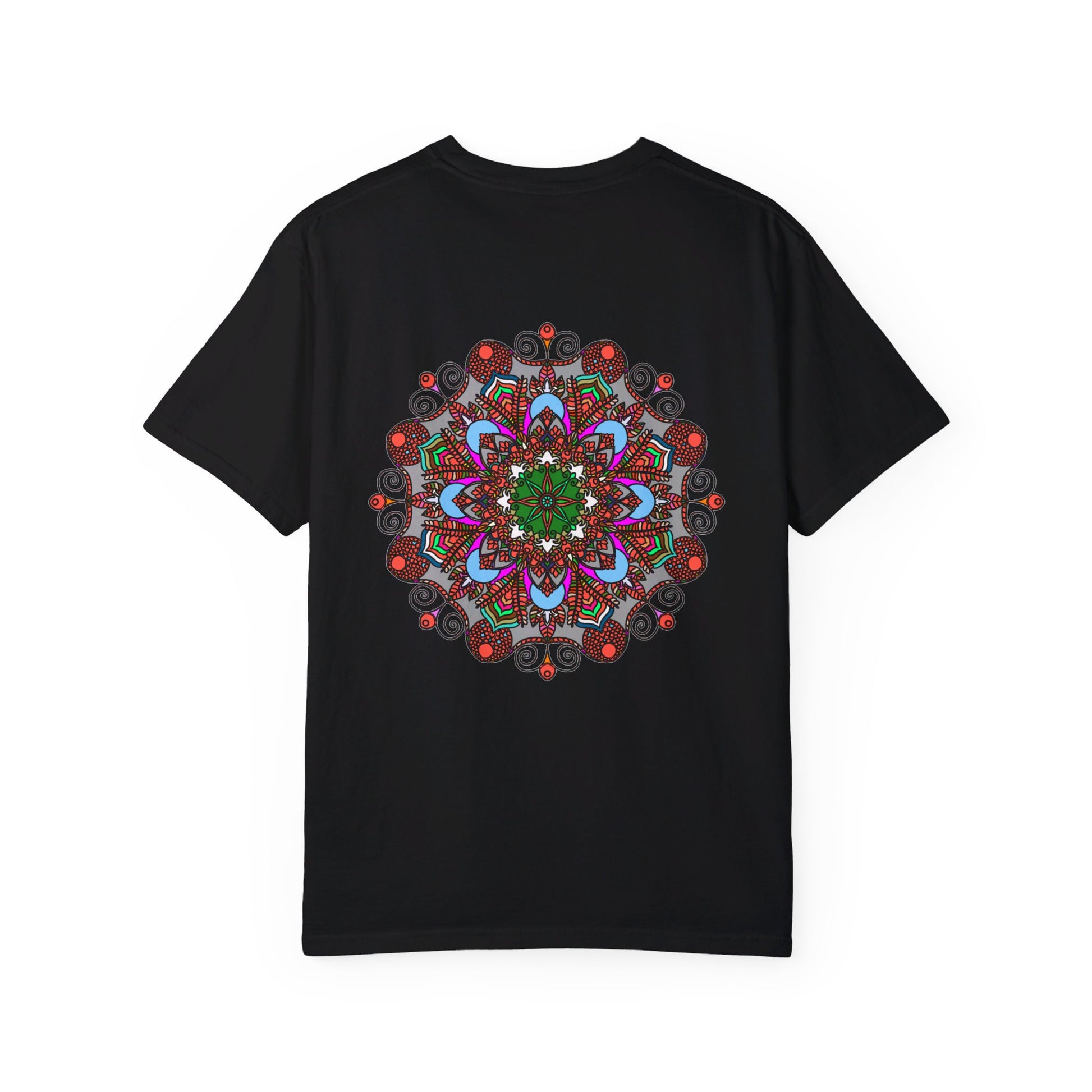 Unisex Mandala T-Shirt made of 100% Ring-Spun Cotton, hand-drawn Mandala art, and garment-dyed for extra comfort, available in various sizes and colors