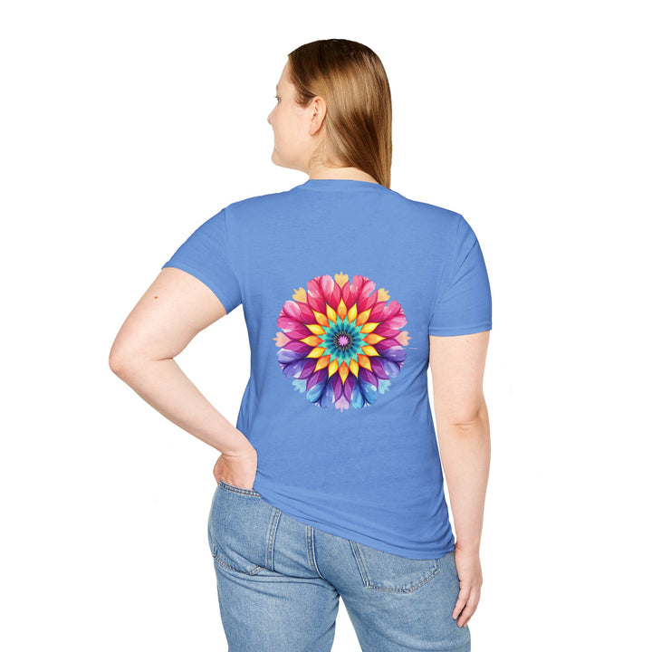 Beautiful black t-shirt featuring a vibrant floral mandala design and inspiring quote