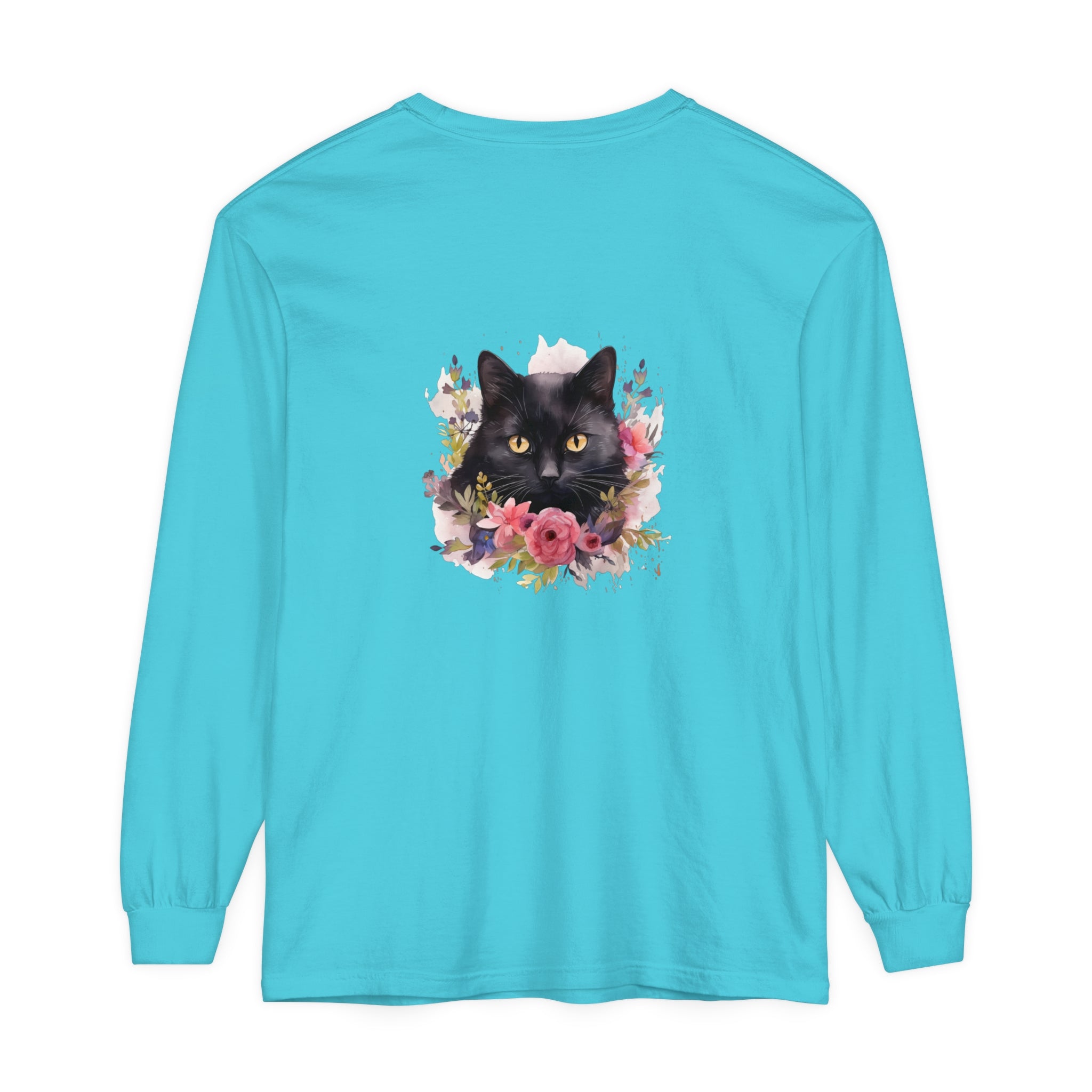 Black Cat Floral Watercolor Long Sleeve T-Shirt featuring a beautiful watercolor floral design with a majestic black cat