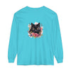 Black Cat Floral Watercolor Long Sleeve T-Shirt featuring a beautiful watercolor floral design with a majestic black cat