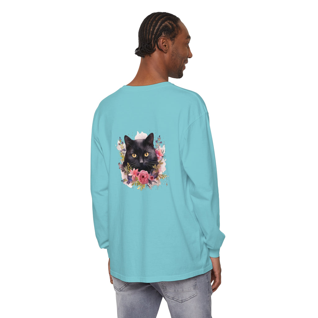 Black Cat Floral Watercolor Long Sleeve T-Shirt, featuring a beautiful watercolor floral design with a black cat, perfect for stylish and comfortable casual wear