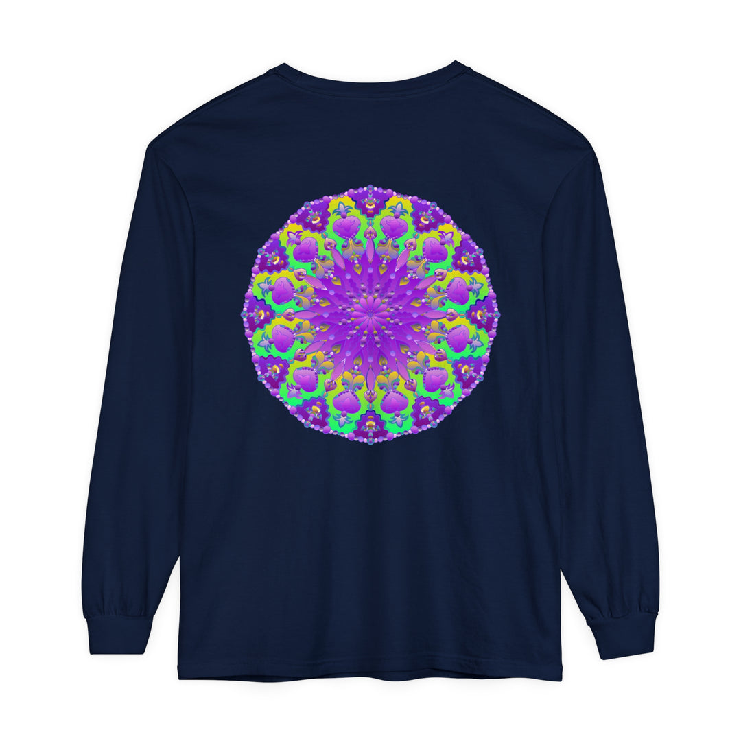 Vibrant purple and green mandala design long sleeve t-shirt for women