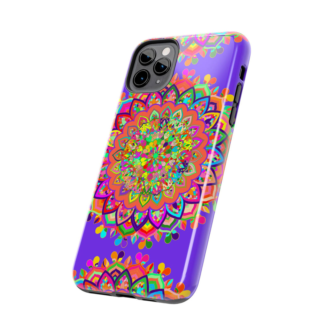 Hand drawn purple mandala art phone case, showcasing intricate and detailed design