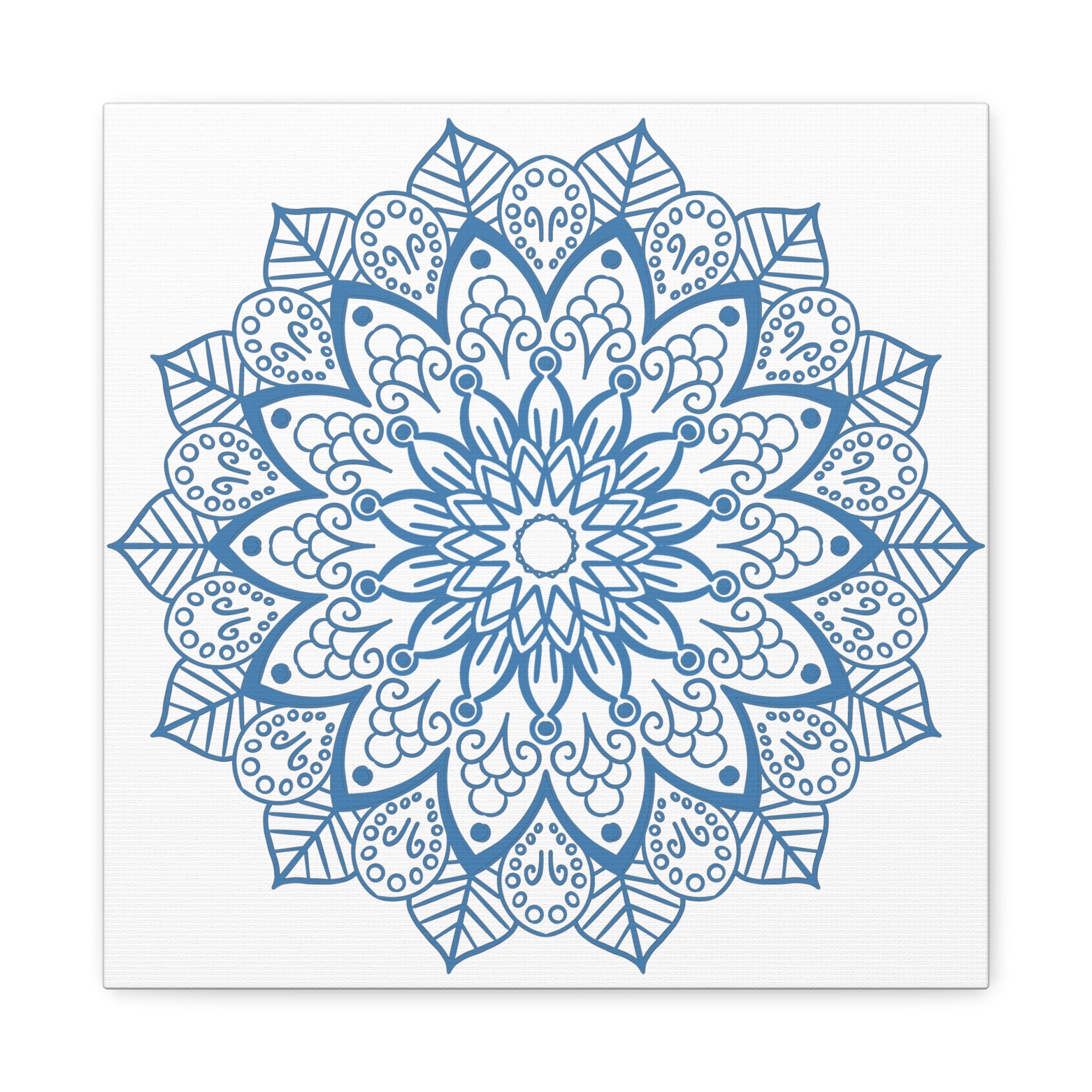 Handmade Mandala Art featuring a beautiful steel blue design on stretched matte canvas