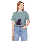 Schwarzes Katzenrätsel – Lila Farbspritzer-T-Shirt
