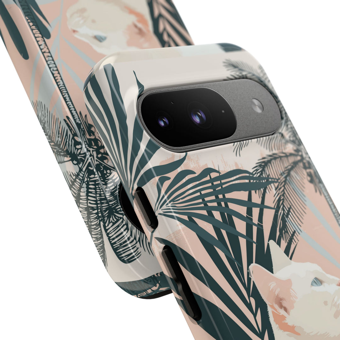 Tropische Katzen-Telefonhülle mit üppigen Palmenmotiven und sanften Pastelltönen