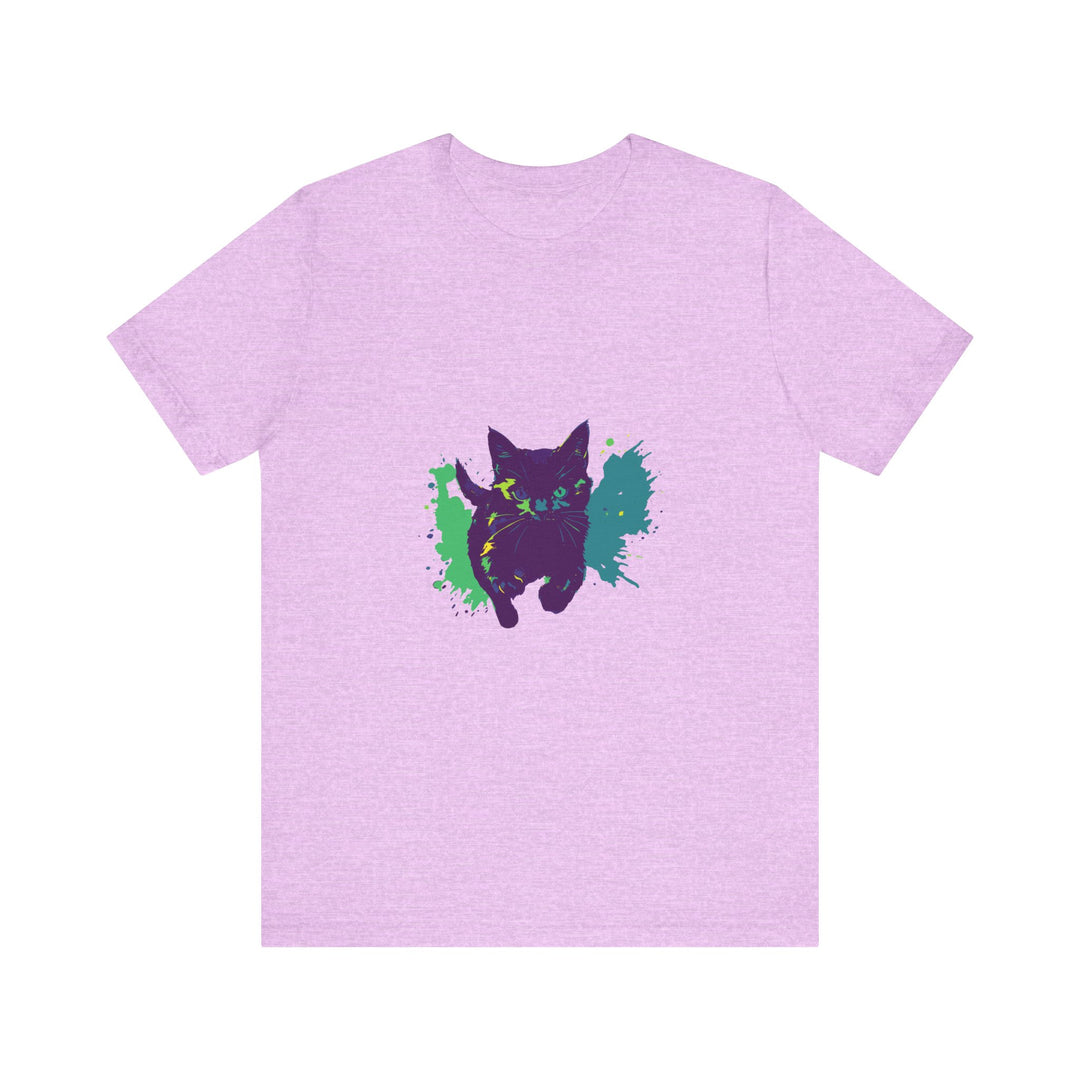 Black Cat Mystery - Colorful Splash T-Shirt with vibrant rainbow colors and a bold black cat design