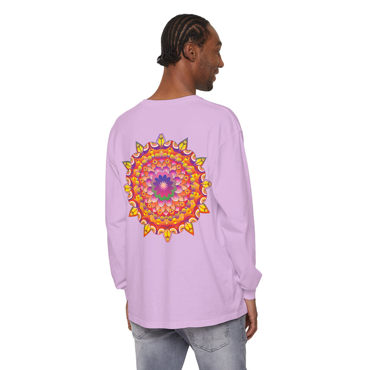 Vibrant mandala design in multiple colors on a unisex long sleeve t-shirt