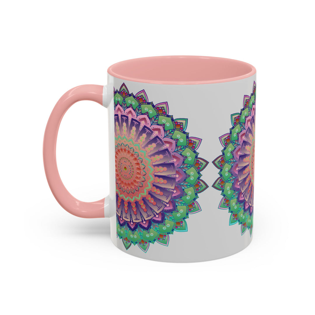 A vibrant and intricate mandala art mug featuring a colorful floral design