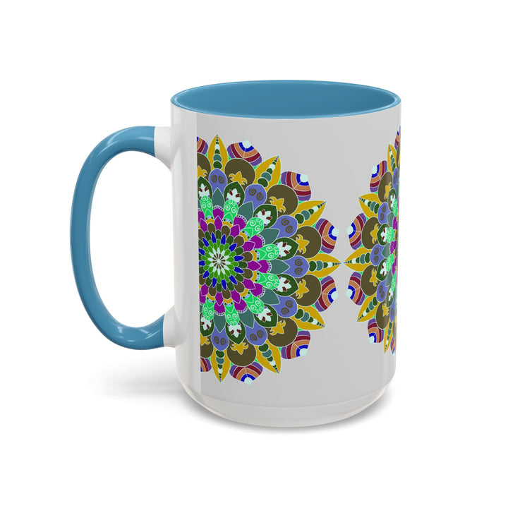 Colorful and serene mandala art mug with intricate patterns and vibrant hues