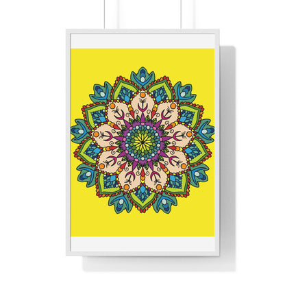 Hand-drawn yellow mandala art in vertical framed poster for mindfulness and yoga