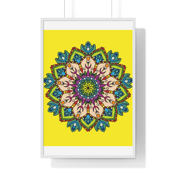 Hand-drawn yellow mandala art in vertical framed poster for mindfulness and yoga