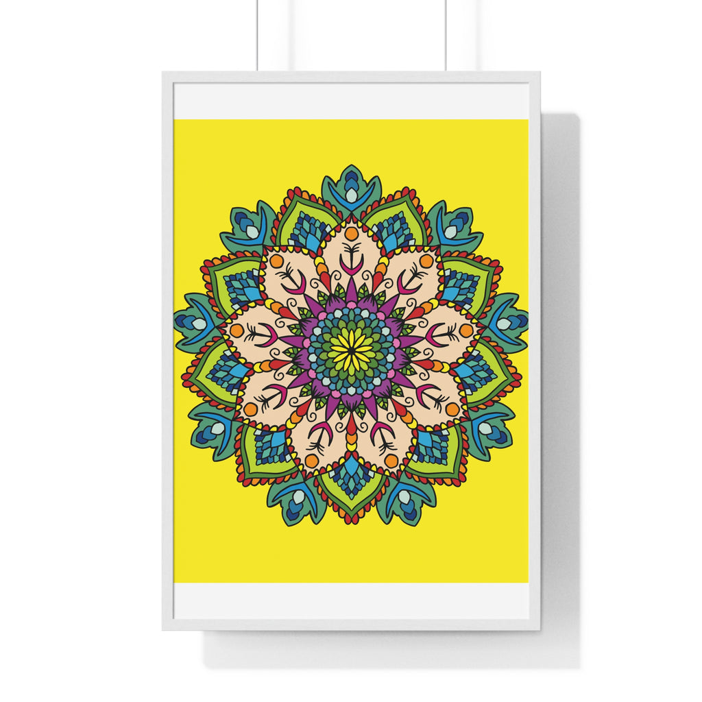 Hand-drawn yellow mandala art in vertical framed poster for mindfulness and yoga