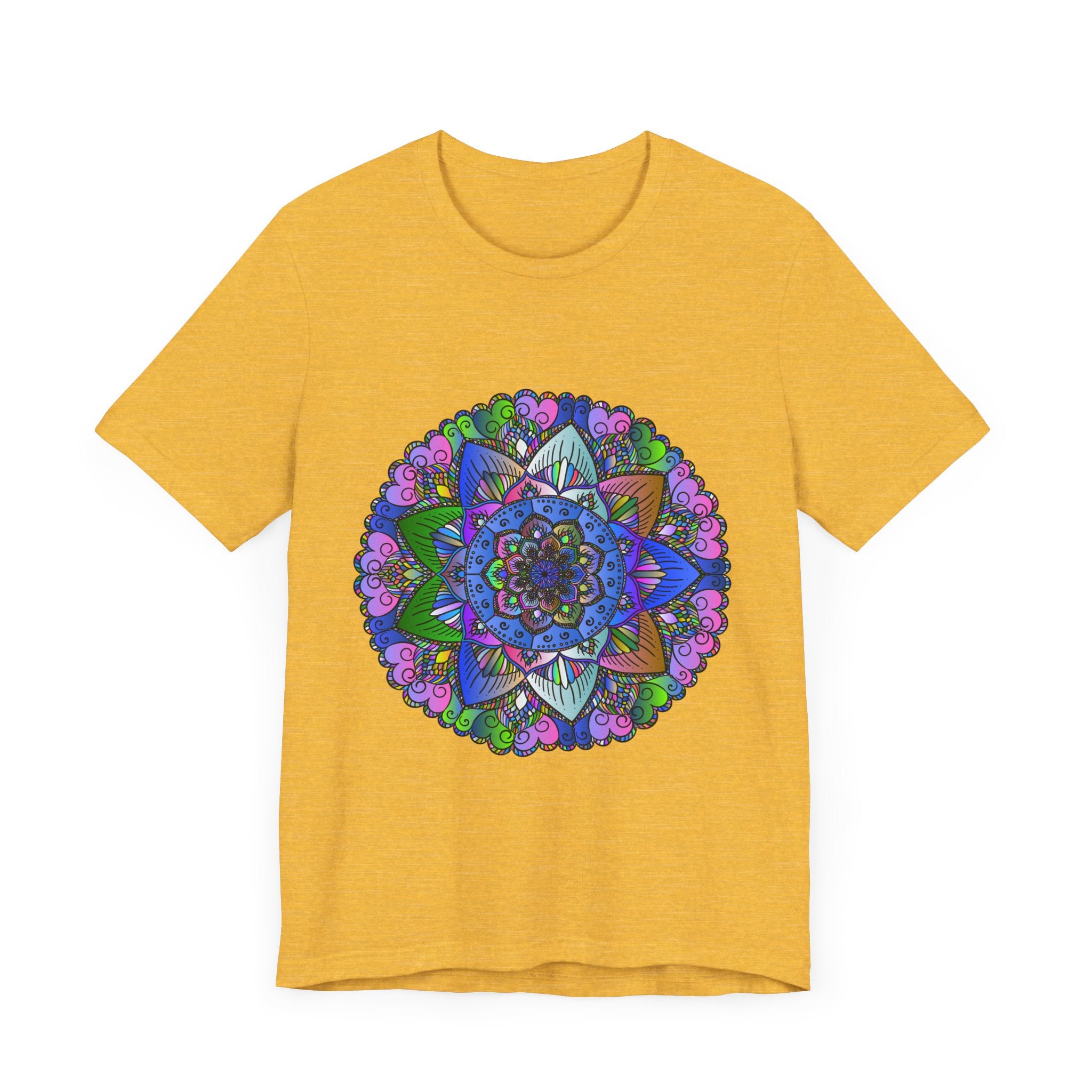 Vibrant and detailed mandala art design on a t-shirt, featuring an array of colorful patterns and intricate geometric shapes