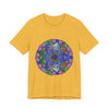 Vibrant and detailed mandala art design on a t-shirt, featuring an array of colorful patterns and intricate geometric shapes