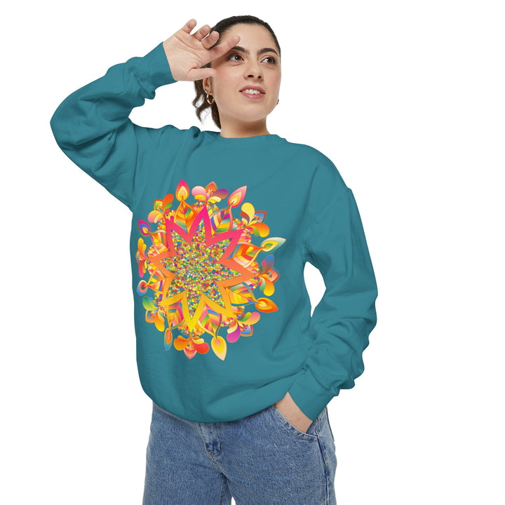 Colorful mandala sweatshirt with intricate geometric patterns in vibrant hues