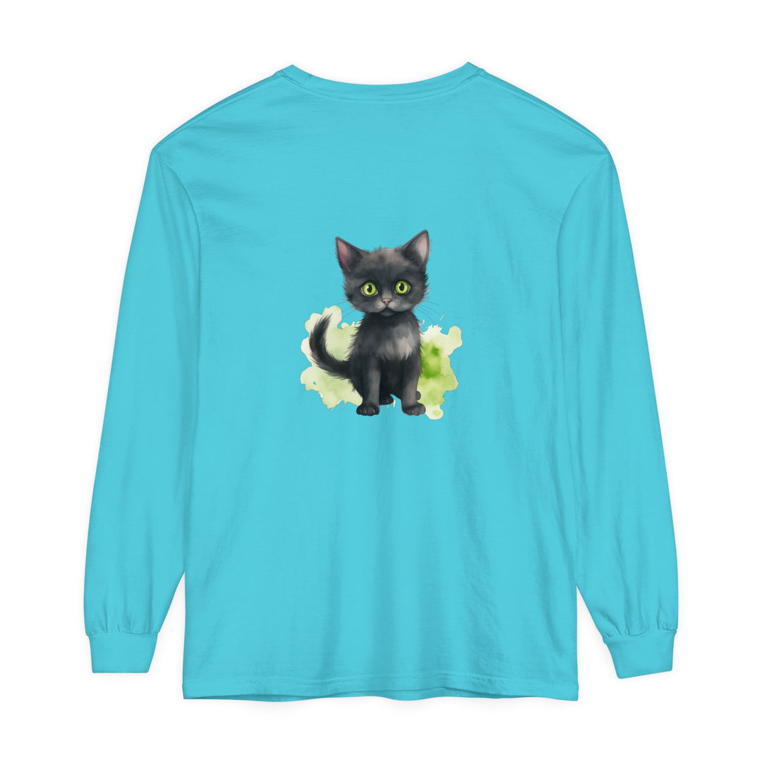 Black Cat Watercolor Long Sleeve T-Shirt, a stylish and comfortable shirt featuring a vibrant watercolor design of a black cat on a long sleeve, perfect for cat lovers and fashion enthusiasts