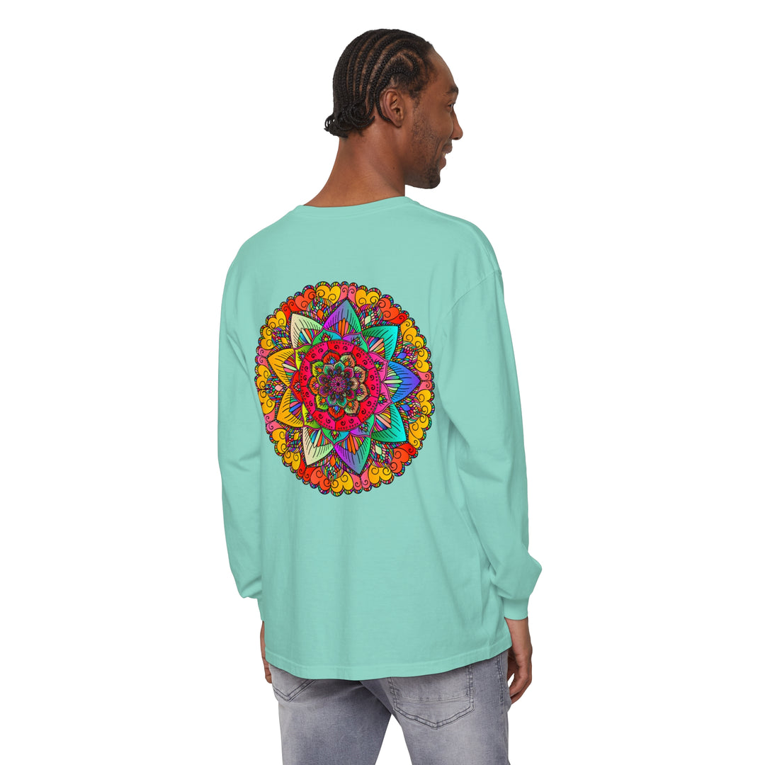 Vibrant mandala design on unisex long sleeve t-shirt in multiple colors