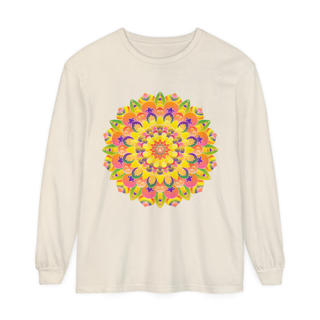 Colorful and detailed mandala design on a unisex long sleeve t-shirt