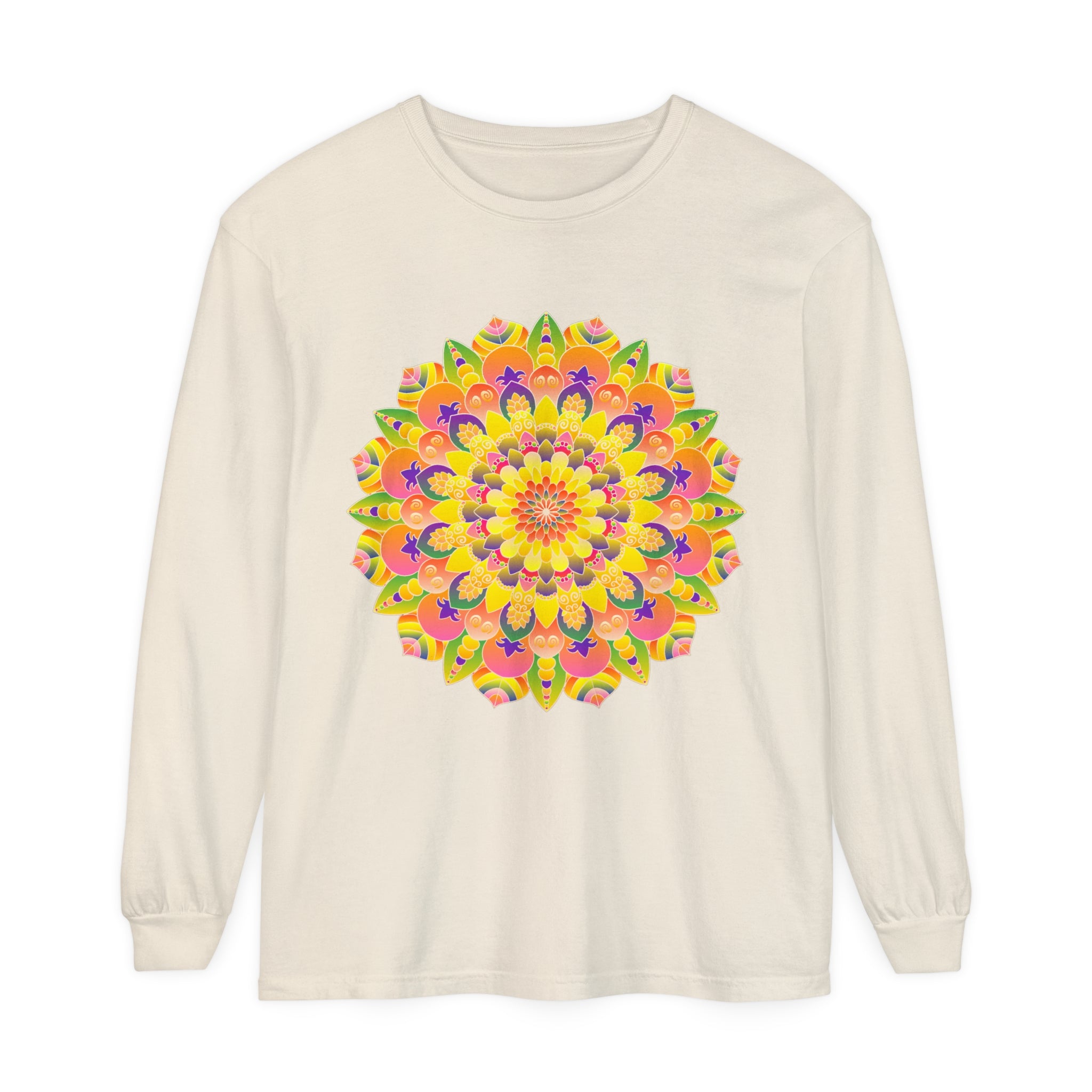 Colorful and detailed mandala design on a unisex long sleeve t-shirt