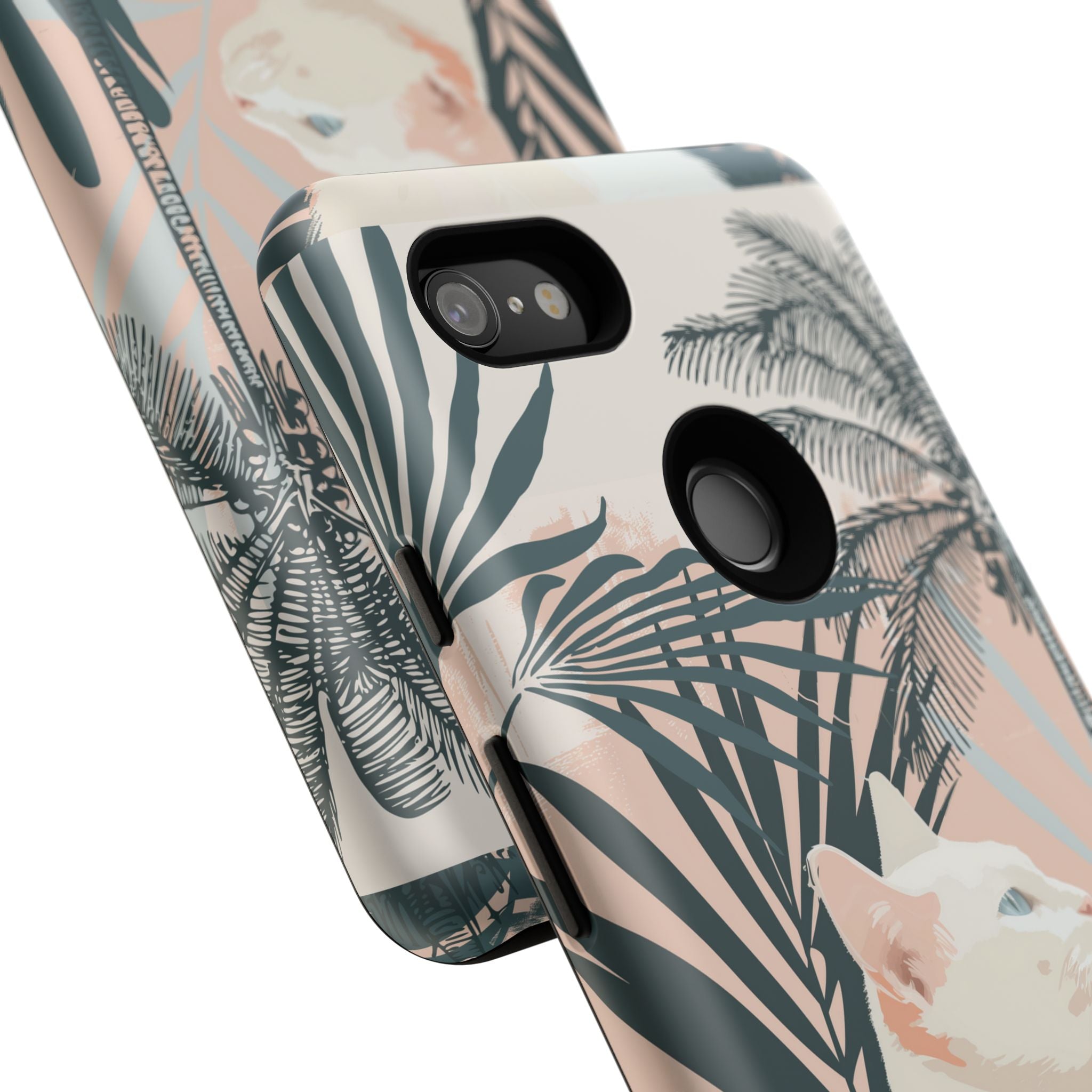 Tropische Katzen-Telefonhülle mit üppigen Palmenmotiven und sanften Pastelltönen