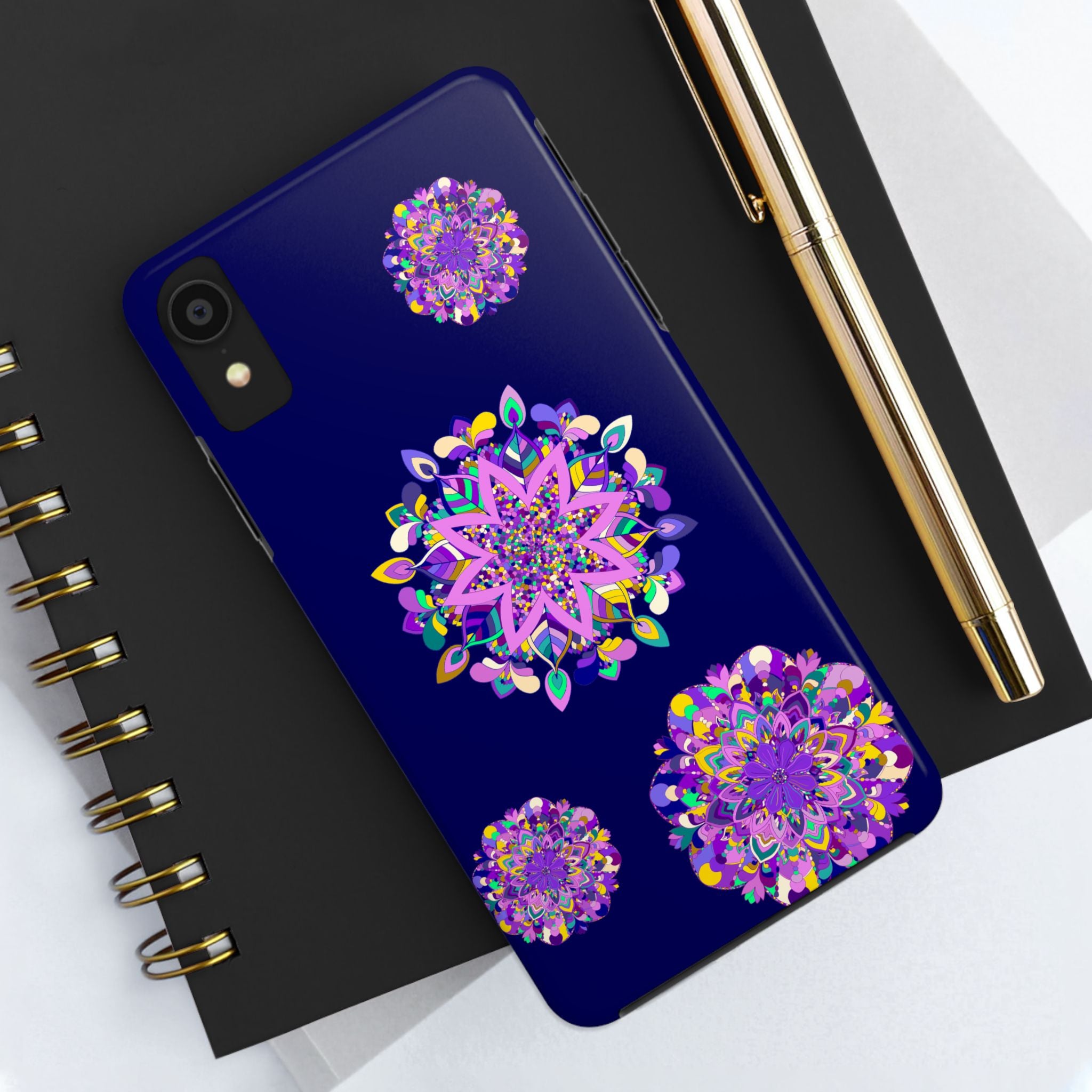 Hand drawn purple mandala art phone case, durable and shock absorbent, with intricate design