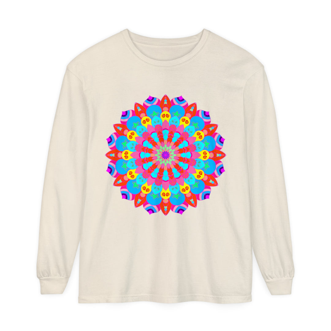 A vibrant and intricately designed mandala patterned unisex long sleeve t-shirt