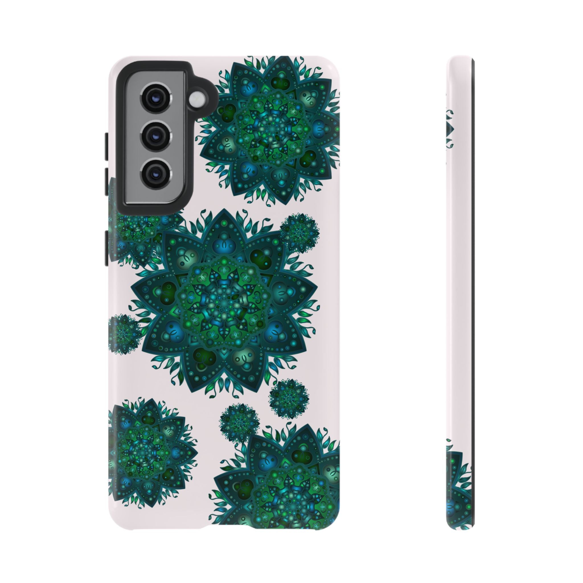 Beautiful light pink and green mandala phone case featuring a peaceful and intricate design