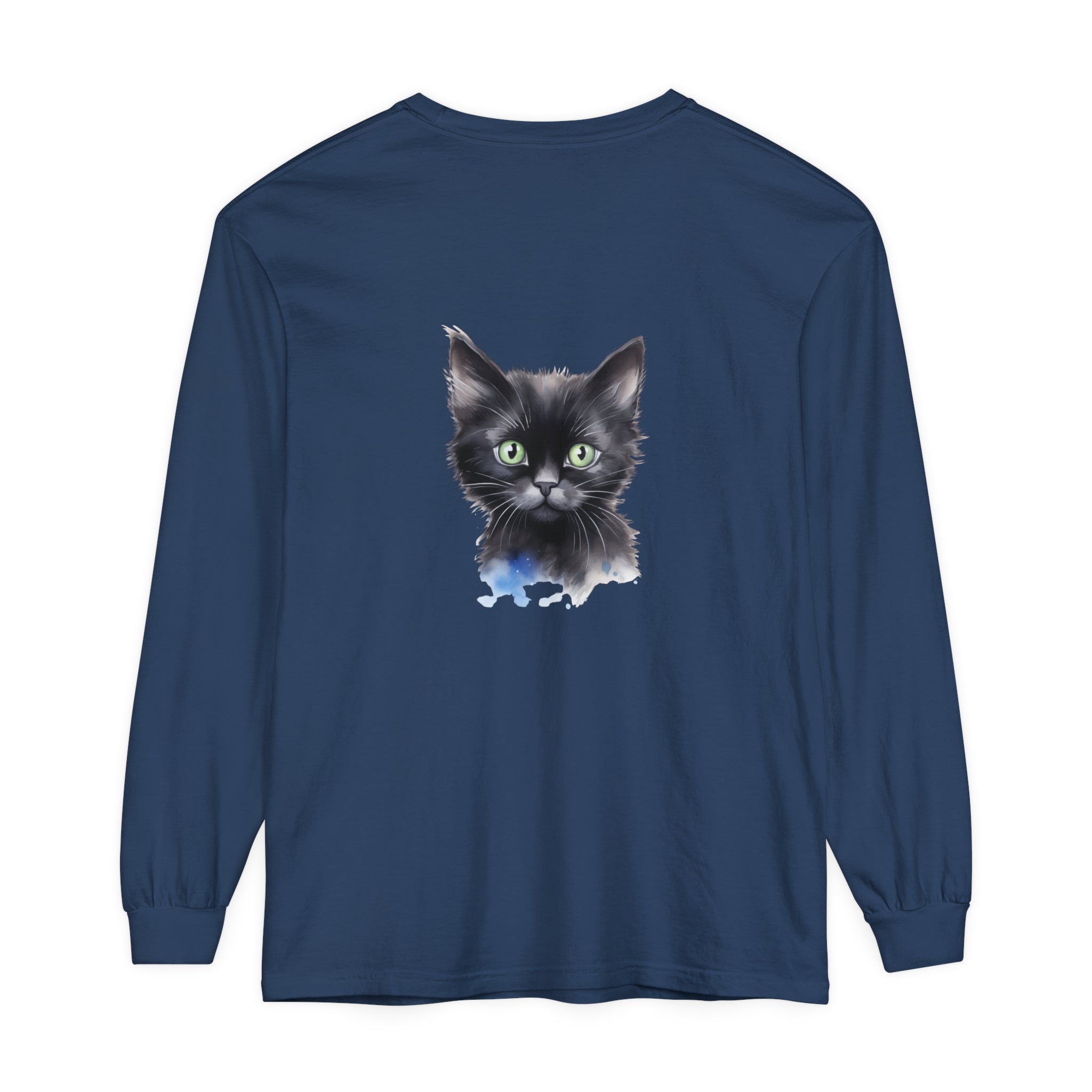 Black Cat Watercolor Unisex T-Shirt featuring a vibrant watercolor design of a black cat on a high-quality cotton shirt