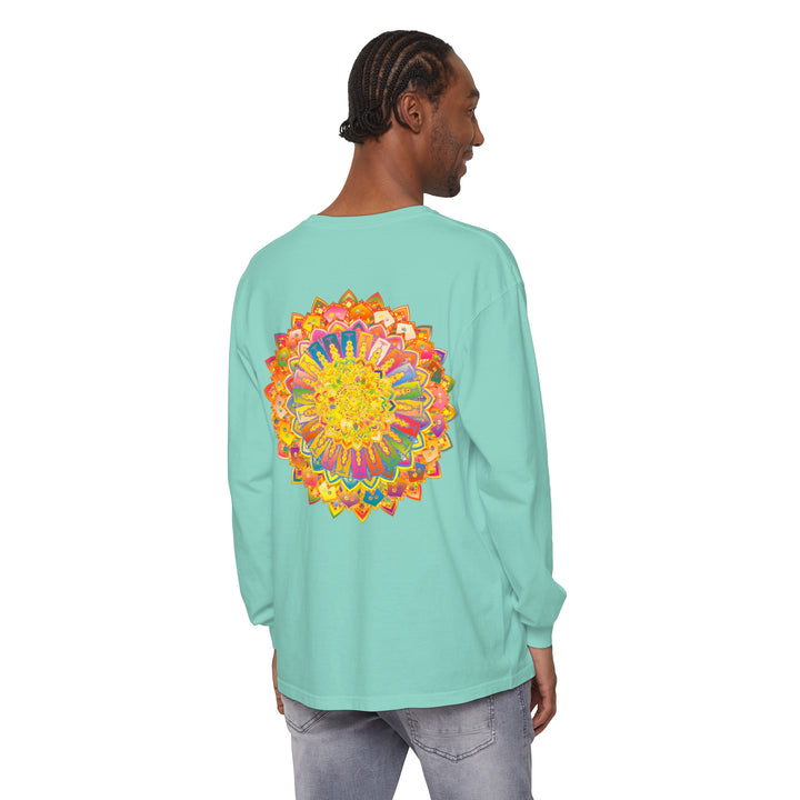 Intricate Mandala Unisex Long Sleeve T-Shirt, featuring detailed mandala design in vibrant colors