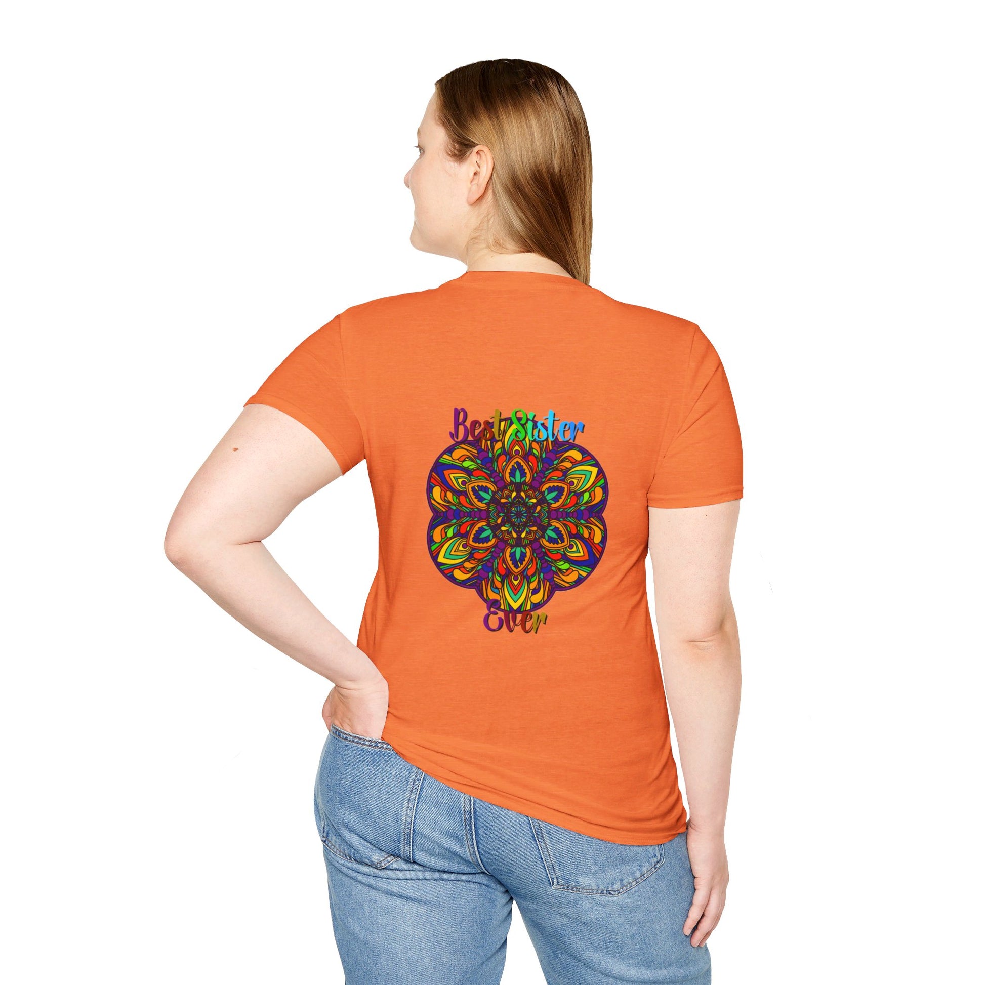 Softstyle T-shirt with hand-drawn mandala art design, ideal gift for sister