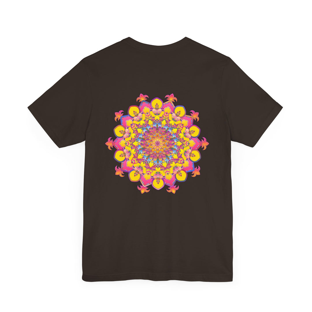 A hand-drawn mandala design on a white t-shirt, representing spiritual peace and harmony in vibrant colors