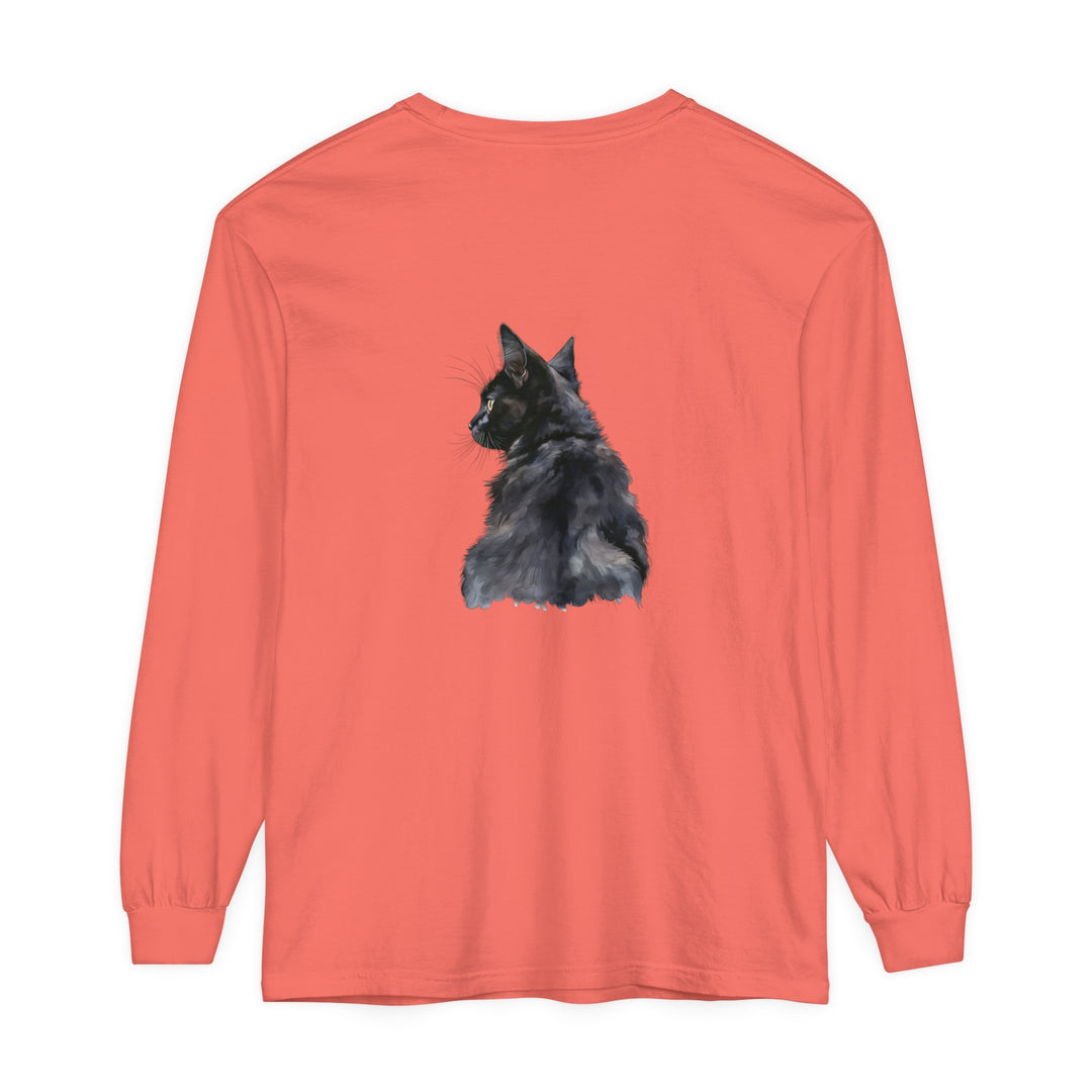 Black Cat Watercolor Long Sleeve T-Shirt featuring a detailed feline design