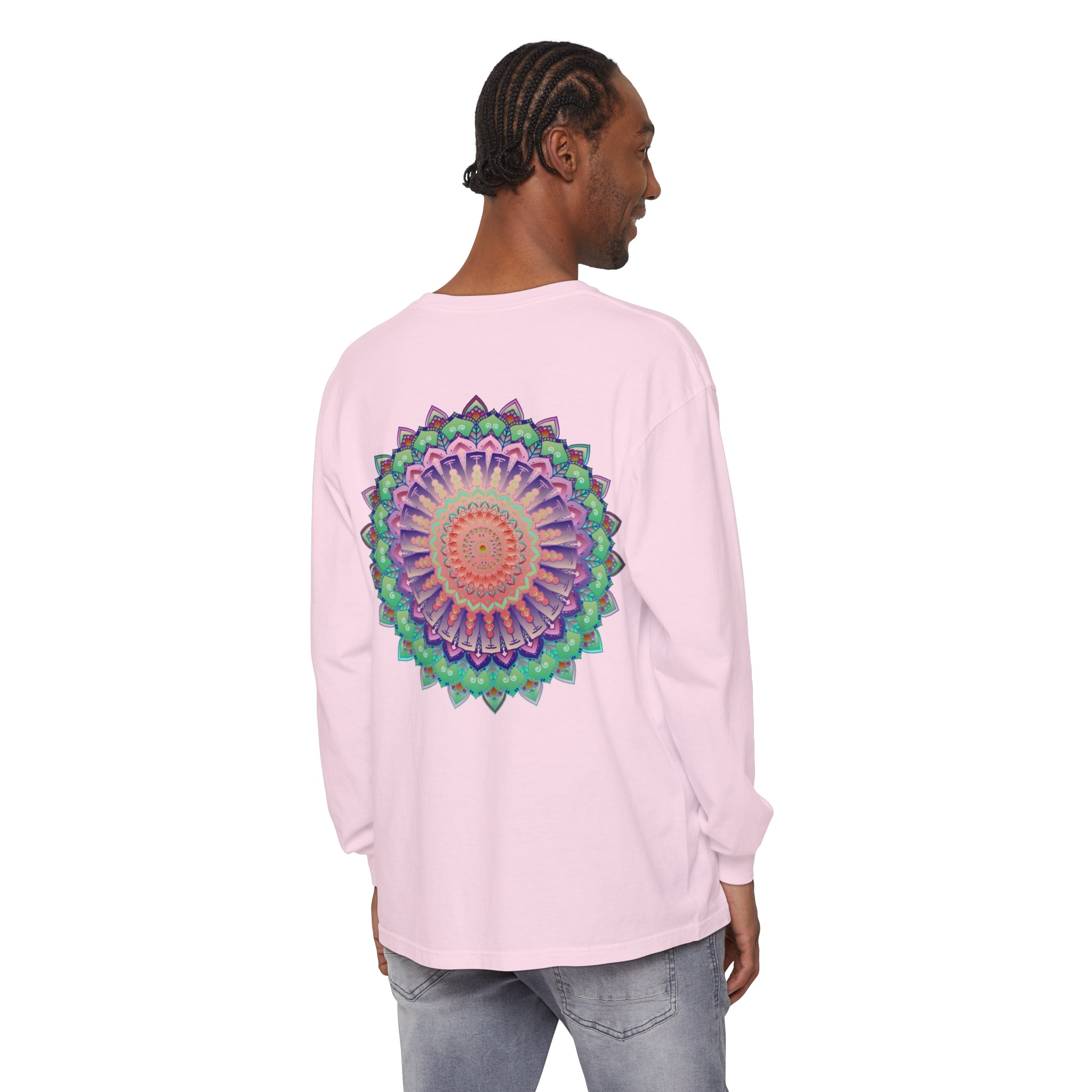 Colorful and intricate mandala design on a unisex long sleeve t-shirt