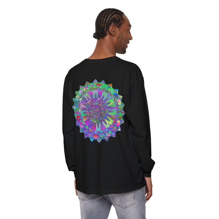 Colorful and intricate mandala design on a long sleeve t-shirt