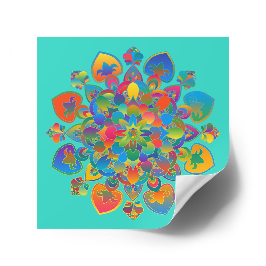 Hand-Drawn Mandala Laminate Stickers – Gold, Red, and Green on Turquoise