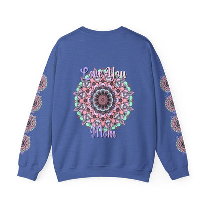 Cozy unisex crewneck sweatshirt in dark heather with 'Love You Mom' design, great birthday gift for mom