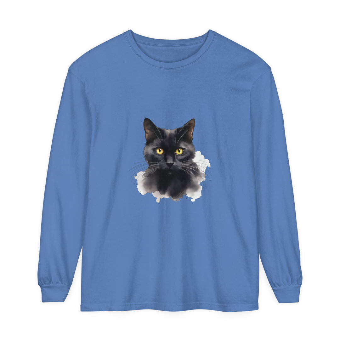 A close-up image of a black cat portrait printed on a unisex long sleeve t-shirt, perfect for cat lovers and featuring a high-quality, comfortable design