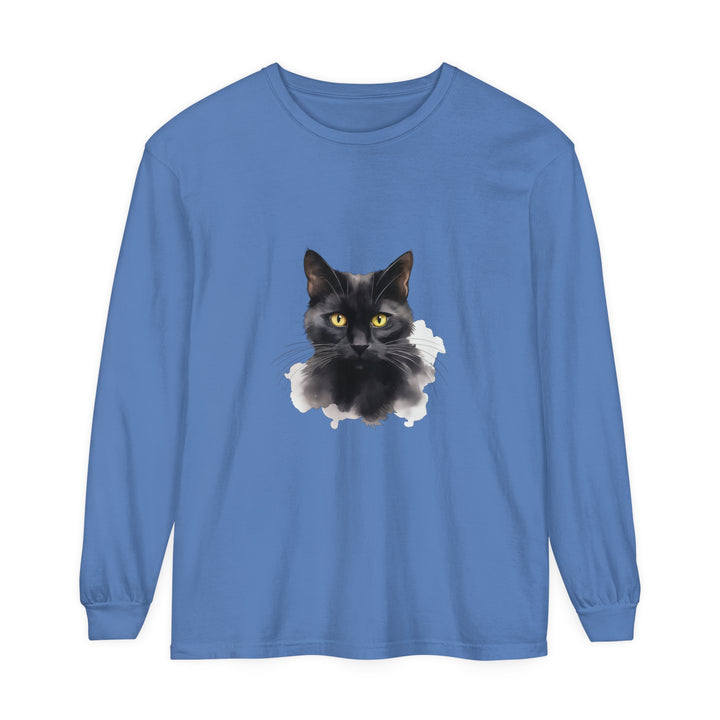 A close-up image of a black cat portrait printed on a unisex long sleeve t-shirt, perfect for cat lovers and featuring a high-quality, comfortable design