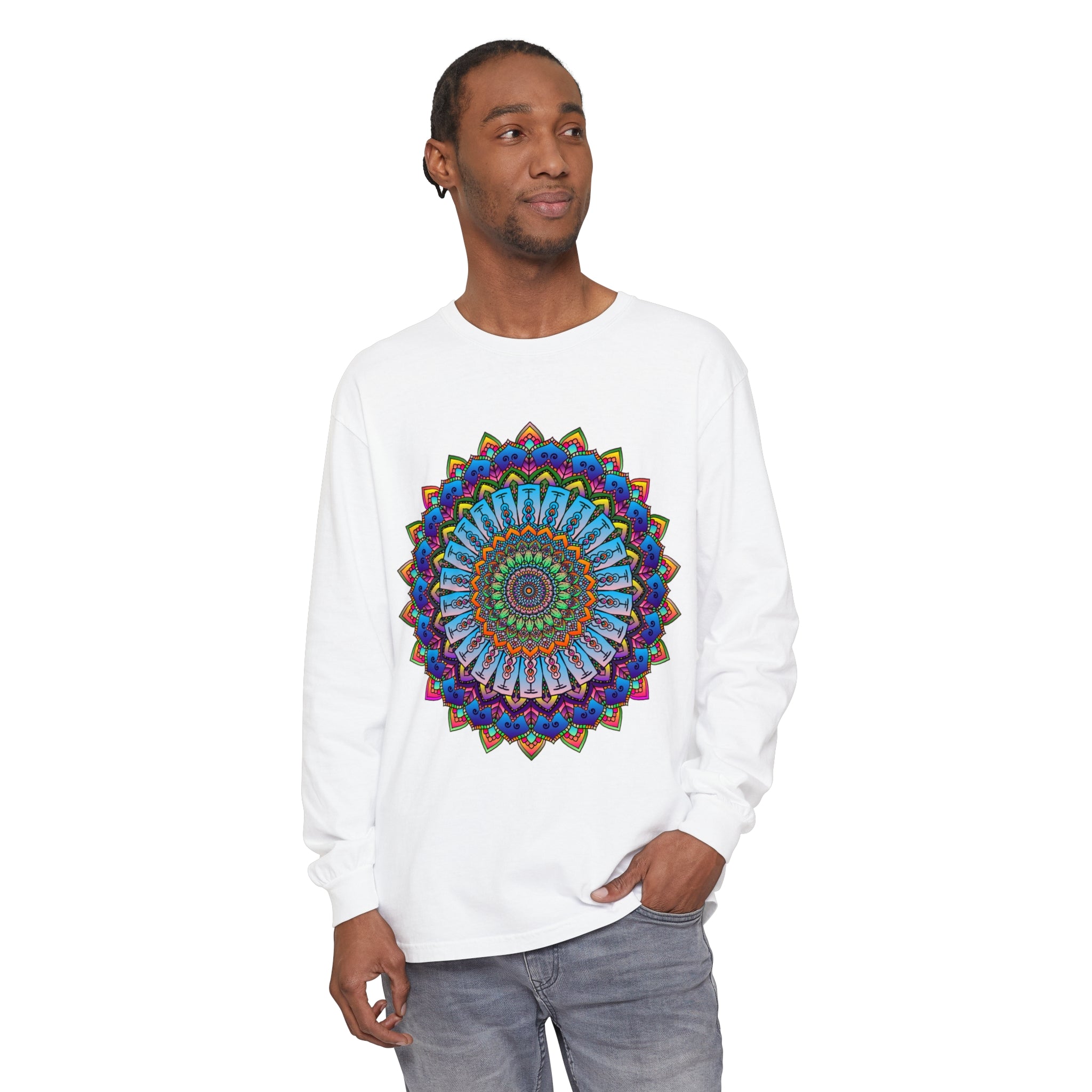 Bold and colorful mandala print on unisex long sleeve t-shirt