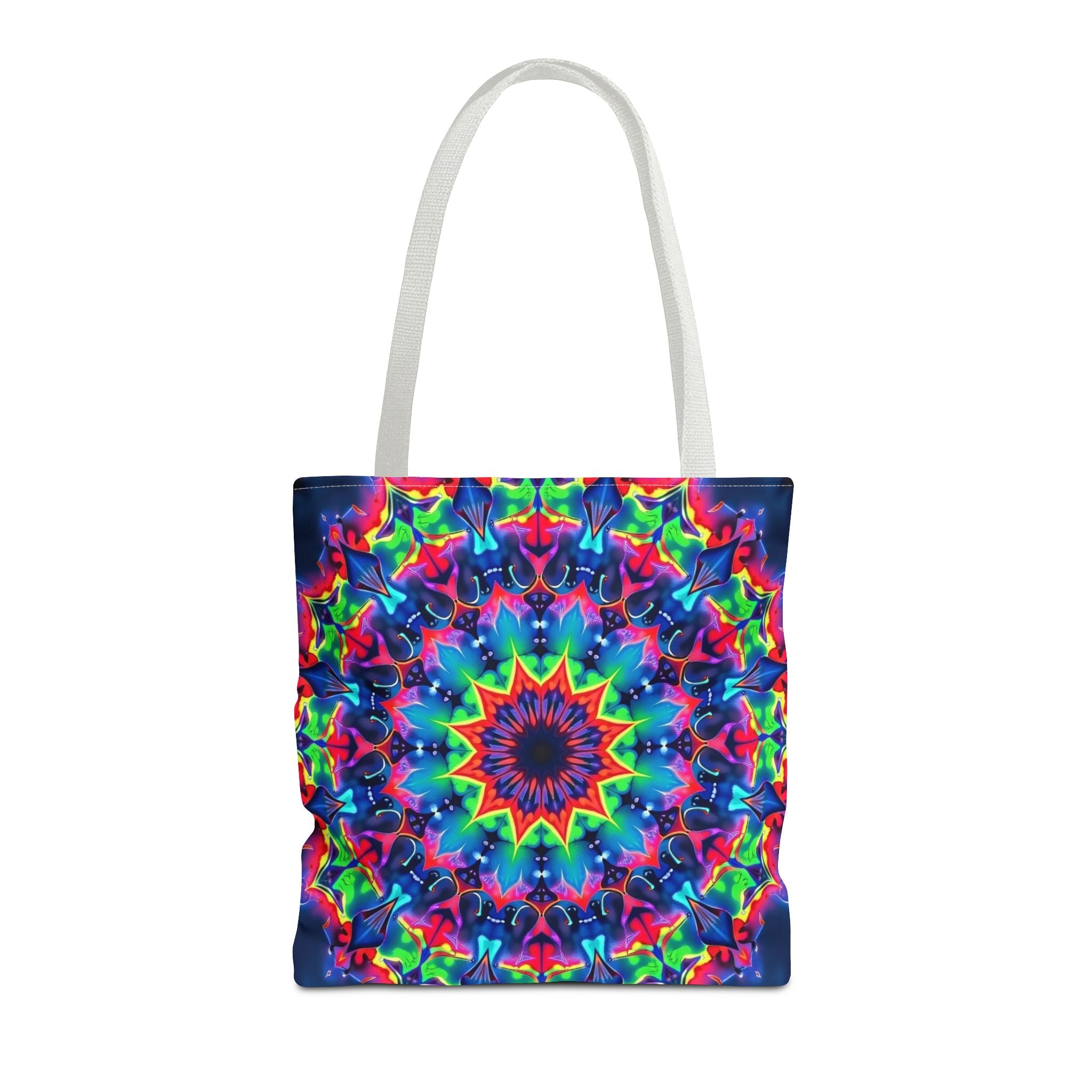 Colorful psychedelic mandala design tote bag perfect for adding a unique touch to your outfit or carrying your essentials on the go