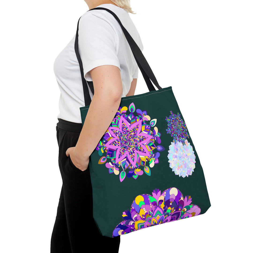 A colorful and intricate mandala design tote bag perfect for everyday use