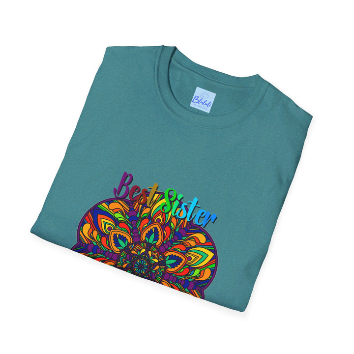 Unisex softstyle t-shirt with hand-drawn mandala art design, perfect gift for sister