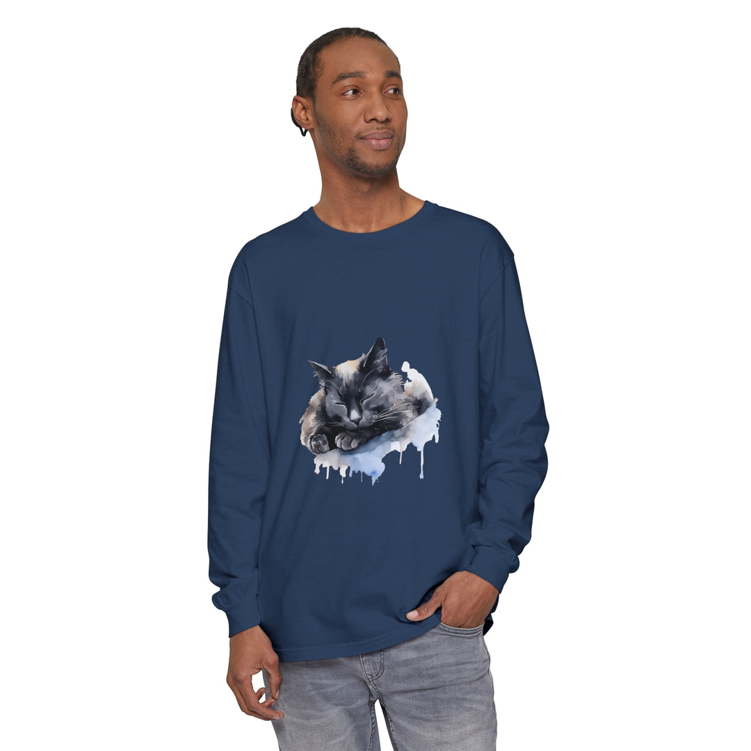 A watercolor illustration of a cute, grey tabby cat sleeping peacefully on a comfortable t-shirt design