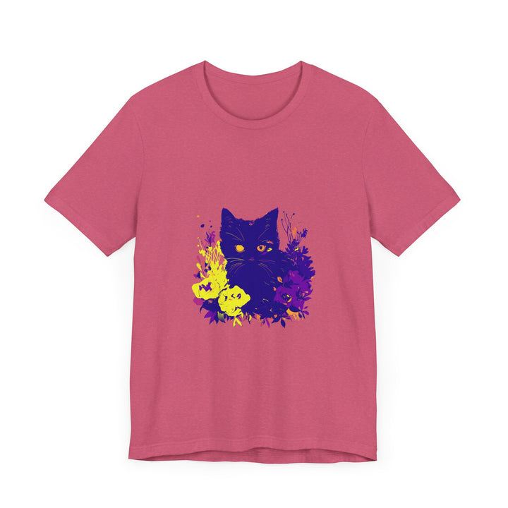 Black Cat Mystery Neon Flower T-Shirt: A black t-shirt featuring a mysterious black cat surrounded by vibrant neon flowers