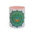 Colorful floral mandala art mug with intricate designs and vibrant colors