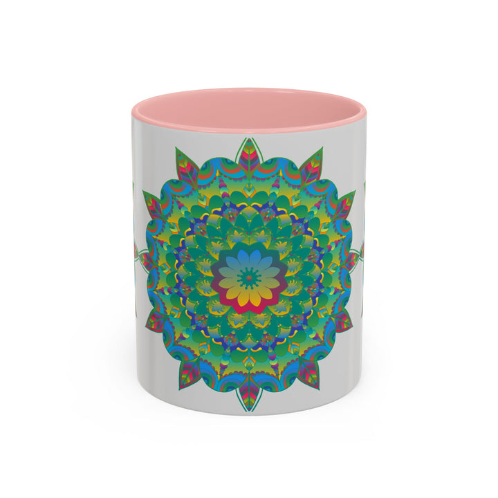 Colorful floral mandala art mug with intricate designs and vibrant colors