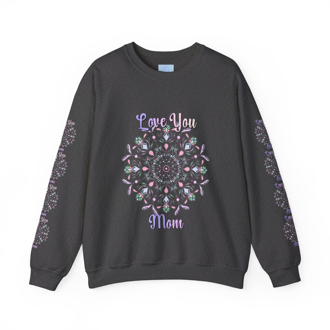 Cozy black crewneck sweatshirt with 'Love You Mom' design, perfect birthday gift for both moms and sons or daughters