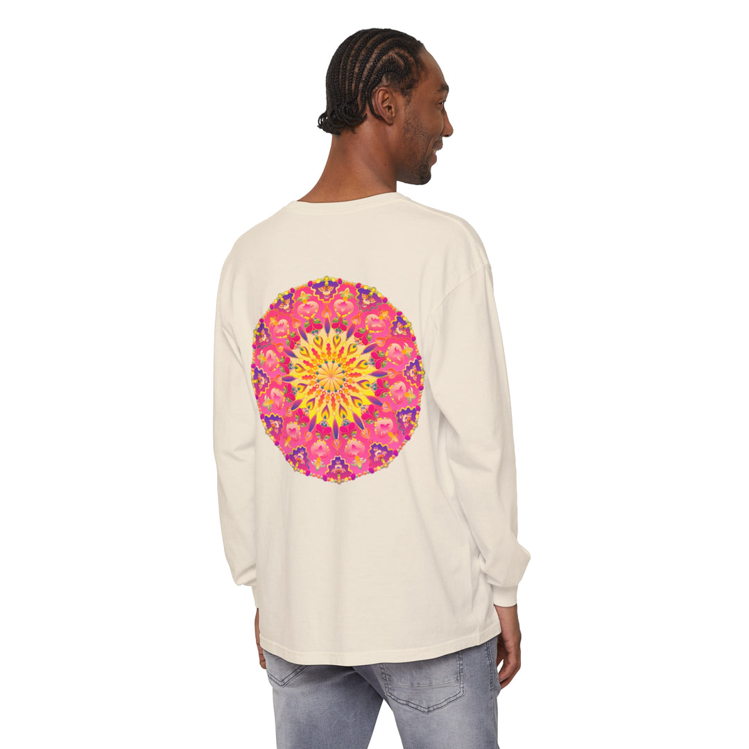 Colorful and intricate mandala design on a unisex long sleeve t-shirt