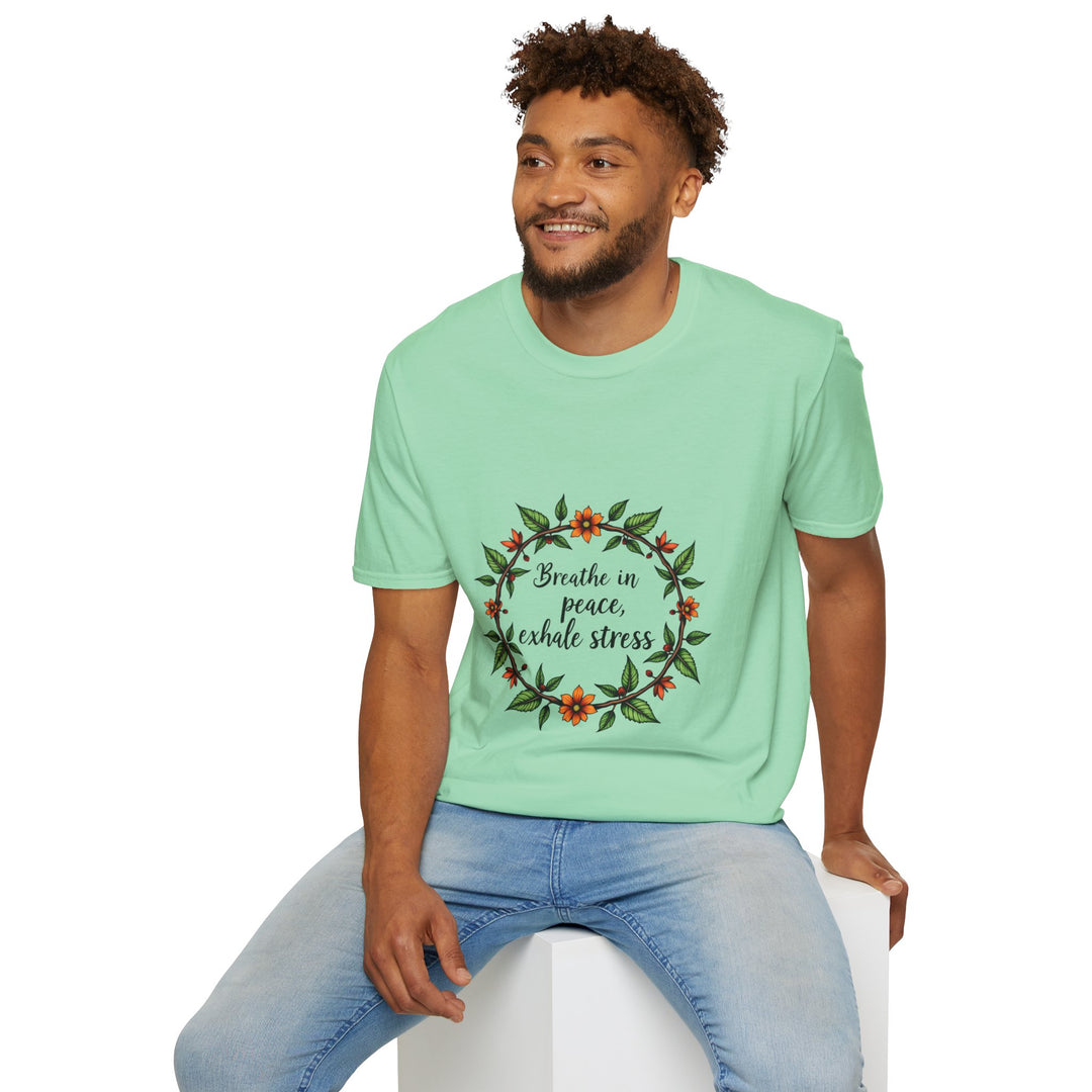 Beautiful floral garland t-shirt with the words Breathe in Peace Exhale Stress